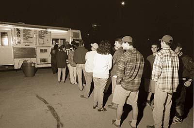 Line of students waiting for food outside Karl's